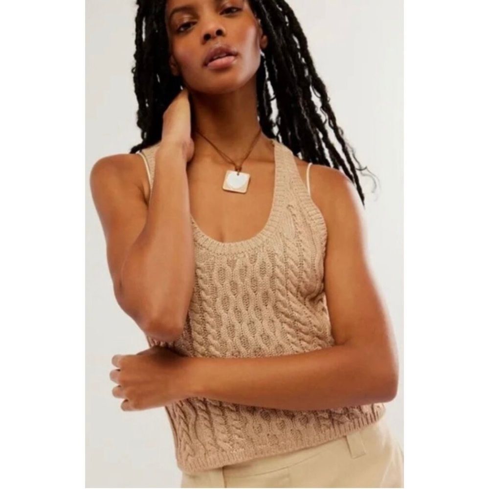 Free People High Tide Foil Print Cable Knit Sweater Tank Top Size Medium Coastal